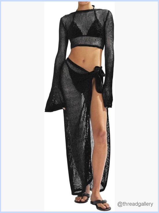 Other - Crochet 2 Piece Bikini Cover Up Set Long Sleeve V Neck Hollow Out Swimwear Beach